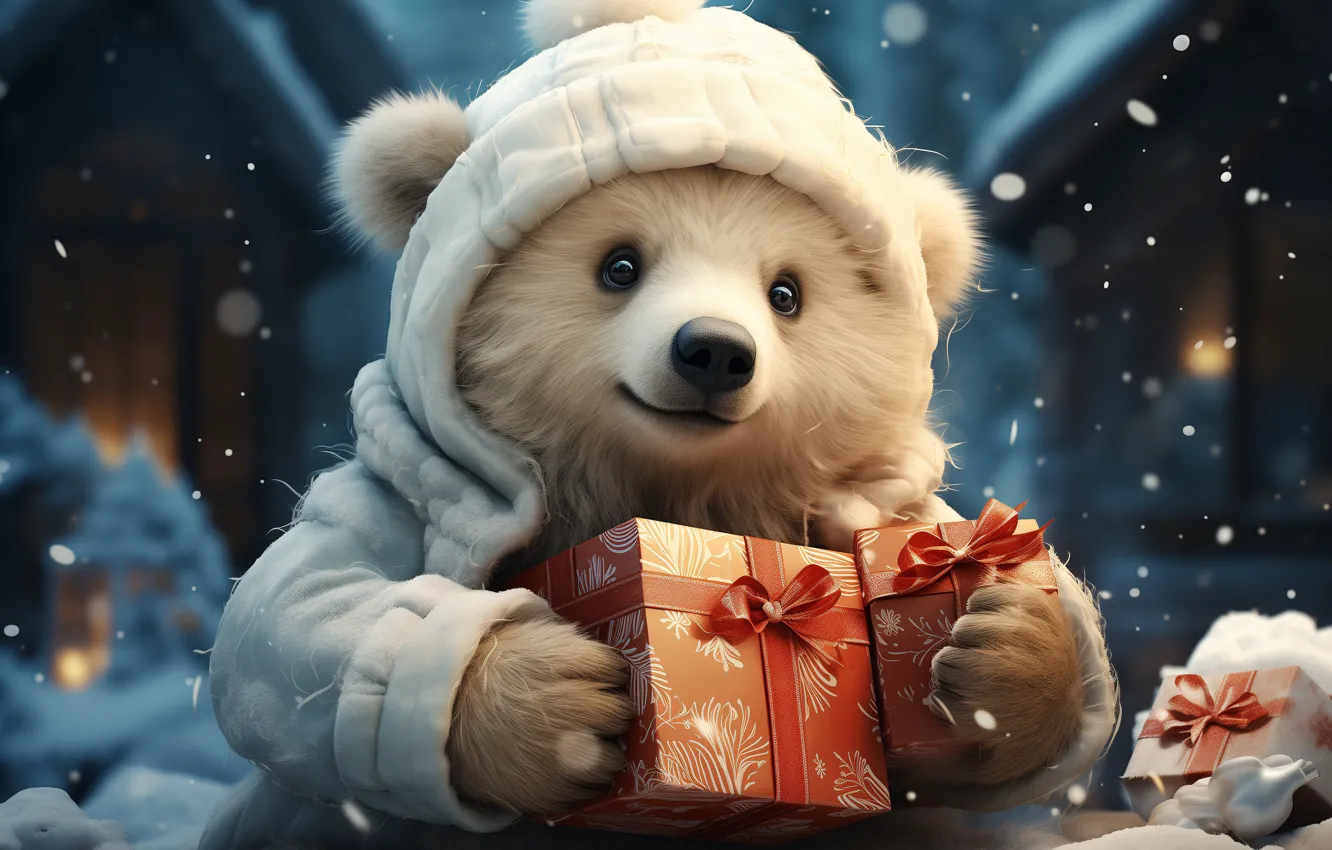Photo wallpaper winter, look, snow, night, jacket, Christmas, bear, hood