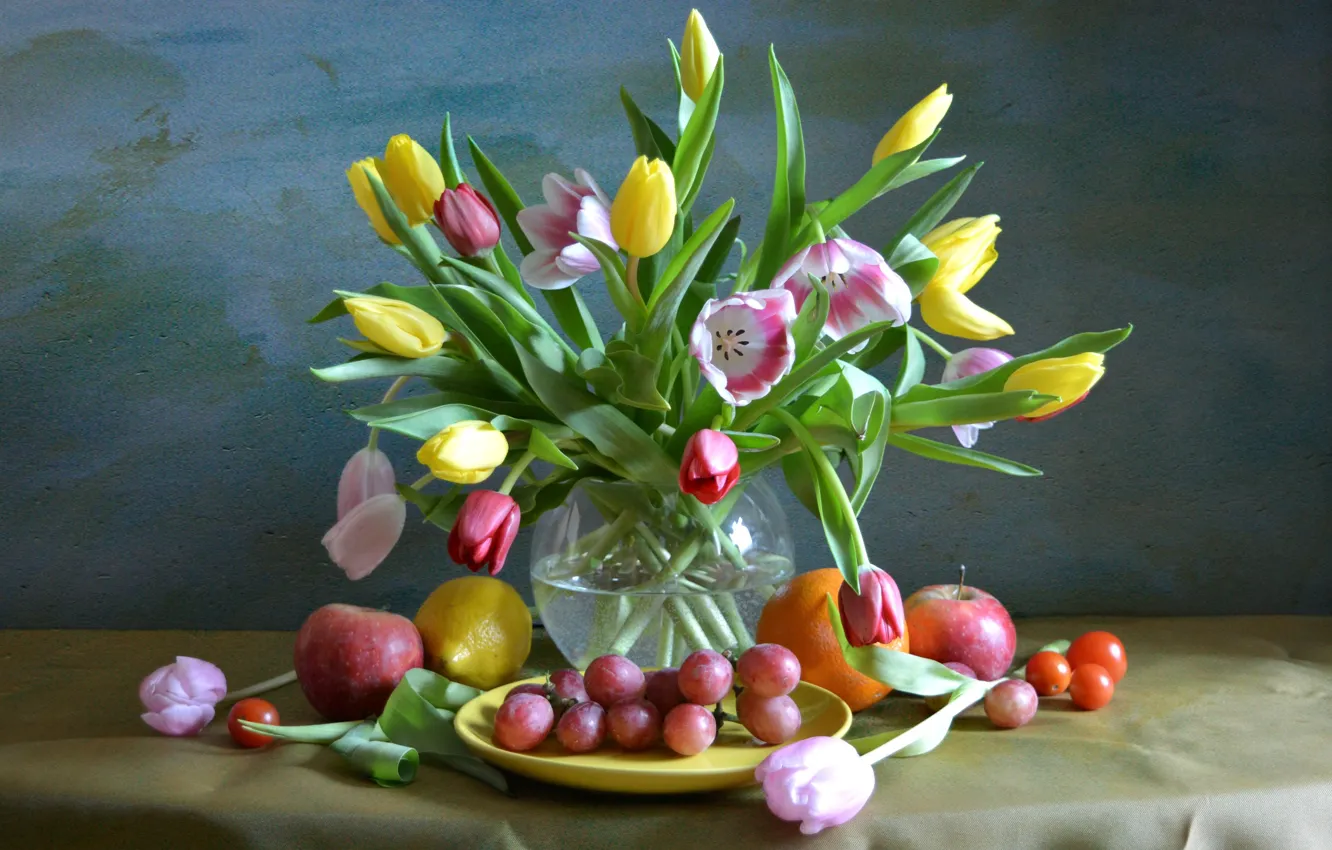 Photo wallpaper Apple, orange, bouquet, grapes, tulips