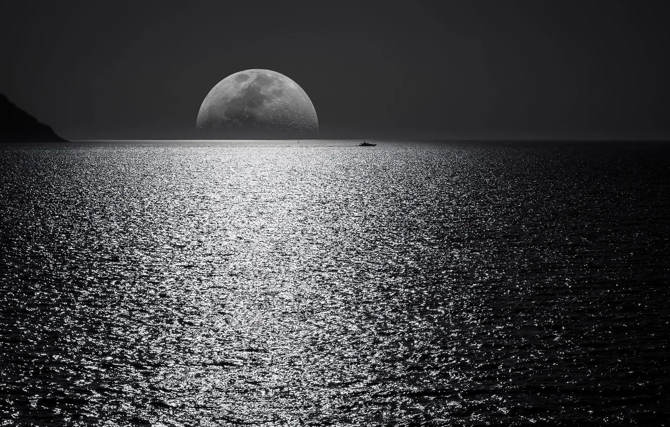 Photo wallpaper moon, fluid, sky, style, water, liquid, black and white, atmosphere