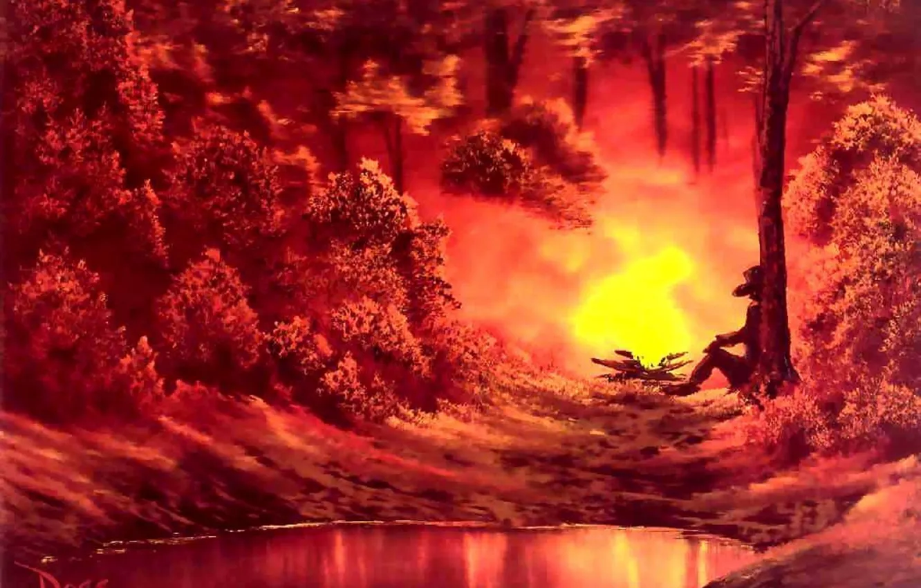 Photo wallpaper forest, water, trees, night, flame, shore, people, picture