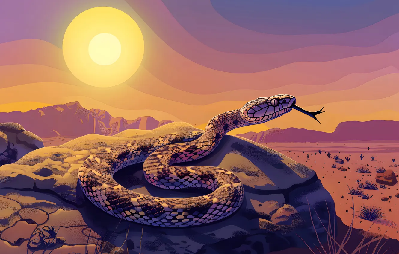 Photo wallpaper The sun, Language, Look, Snake, Desert, Dawn, Stone, Art