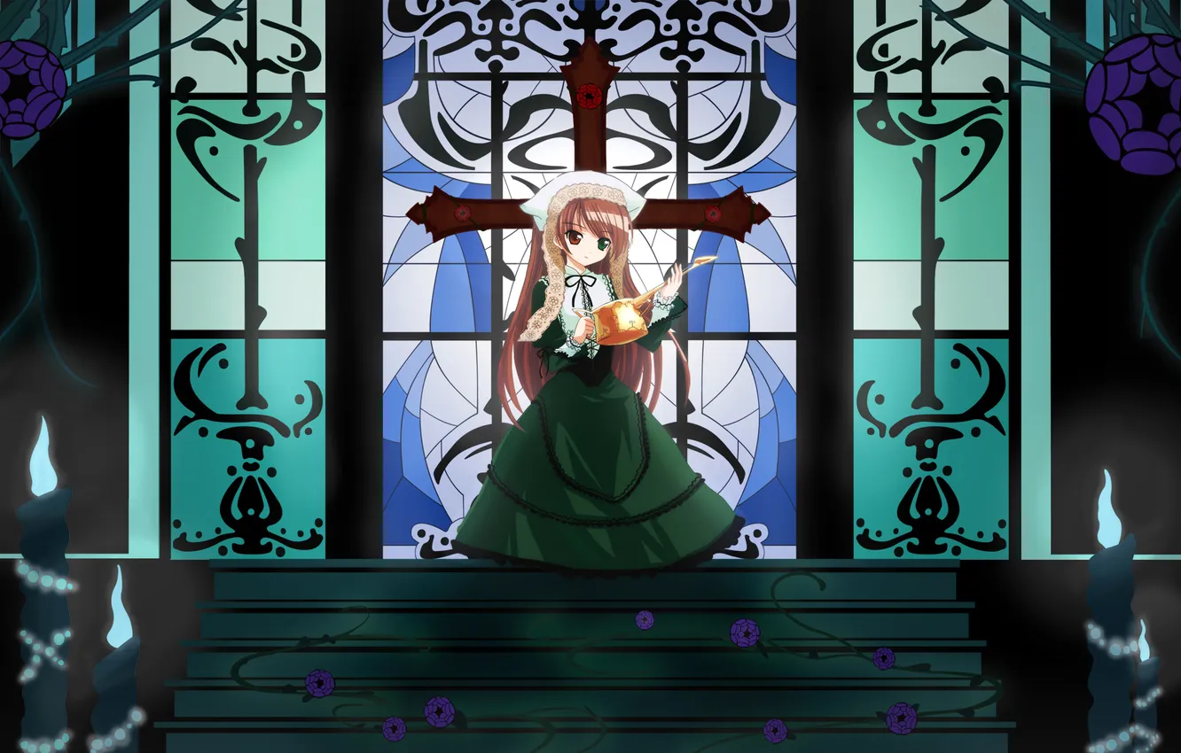 Photo wallpaper cross, candles, doll, anime, lake, rozen maiden, suiseiseki, desu