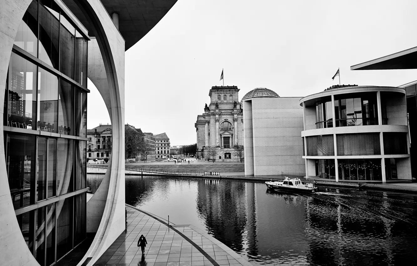 Photo wallpaper river, Germany, water, black and white, Berlin, buildings, architecture, boat