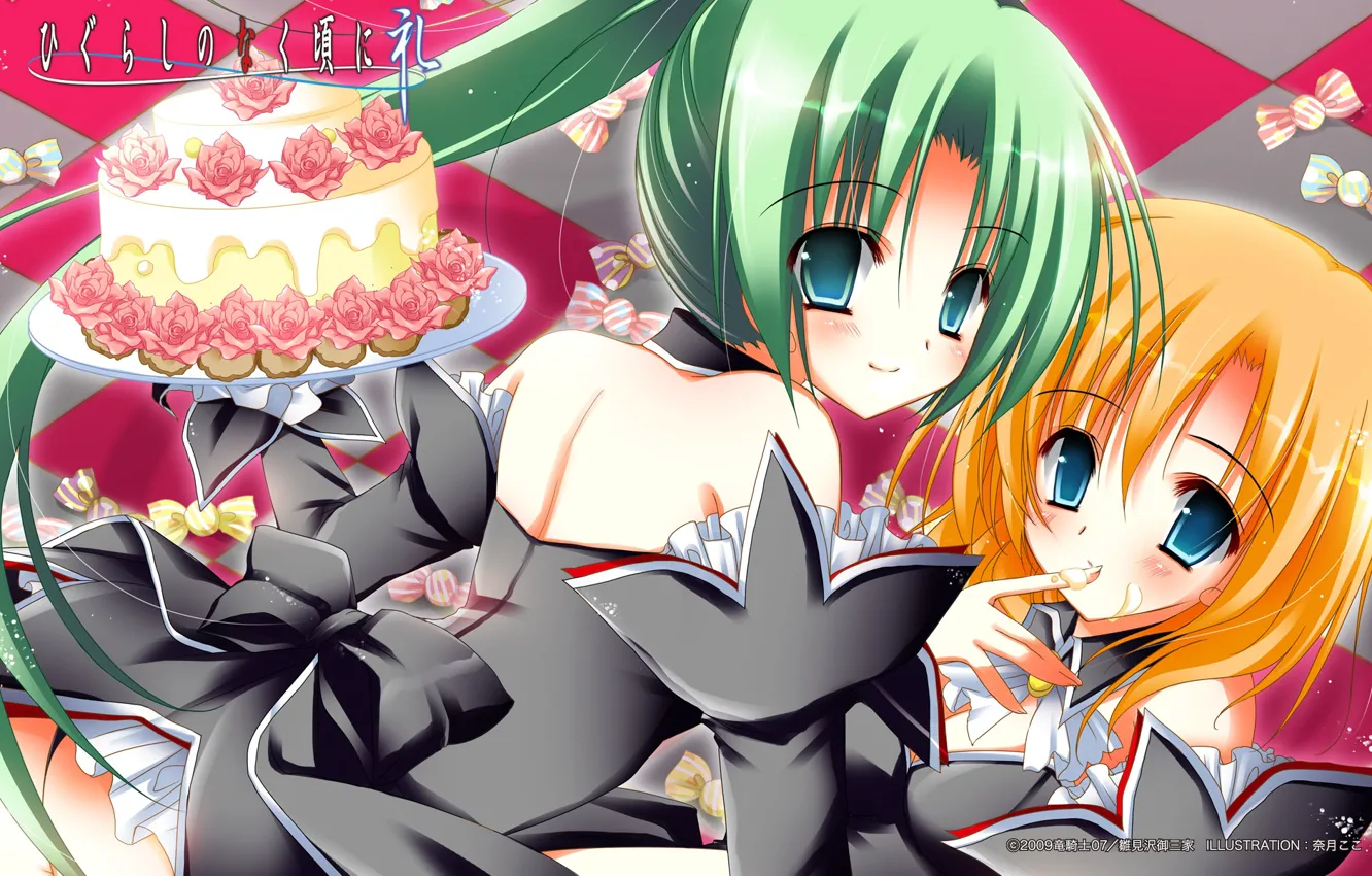 Photo wallpaper candy, sweets, cake, Higurashi no Naku Koro ni, green hair, rosette, big eyes, When the …
