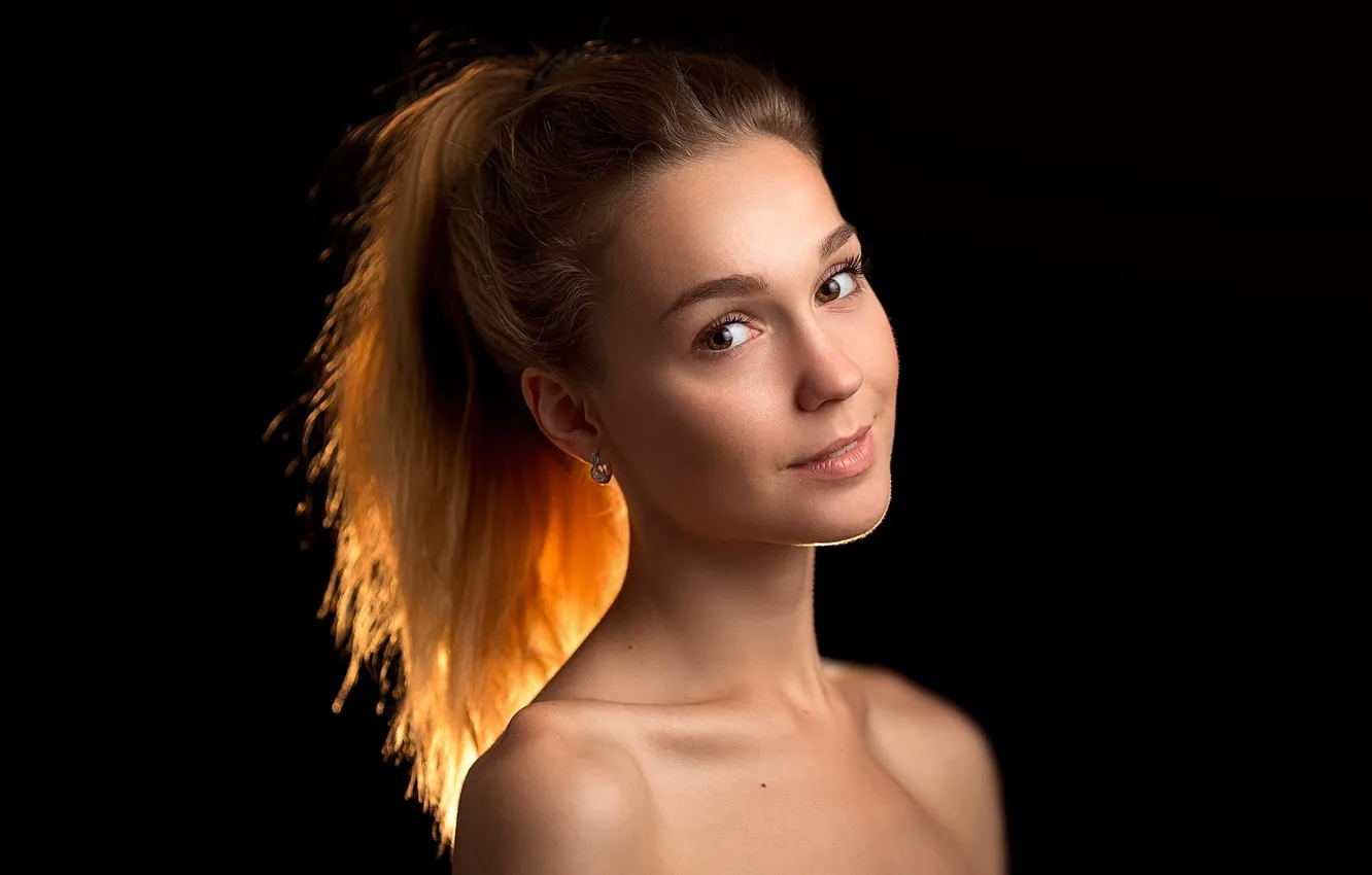 Photo wallpaper look, girl, portrait, makeup, hairstyle, brown hair, beauty, black background