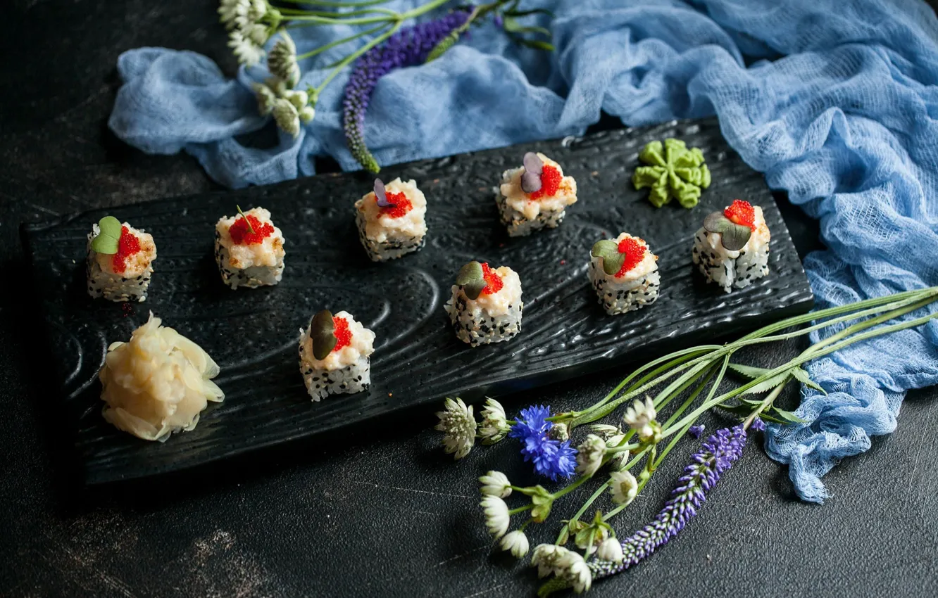 Photo wallpaper food, fish, figure, sauce, caviar, sushi, rolls, seafood