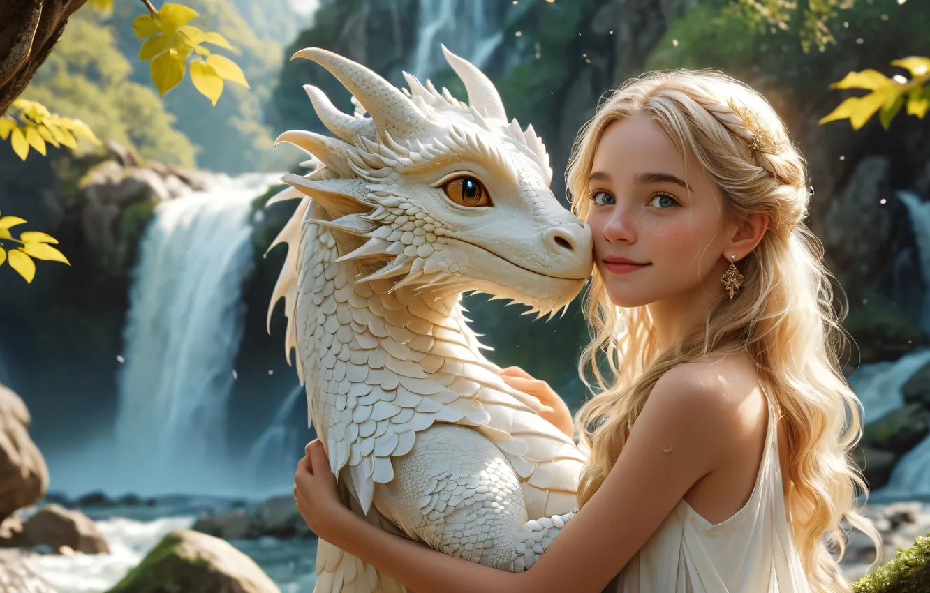 Photo wallpaper girl, fantasy, dragon, AI Art