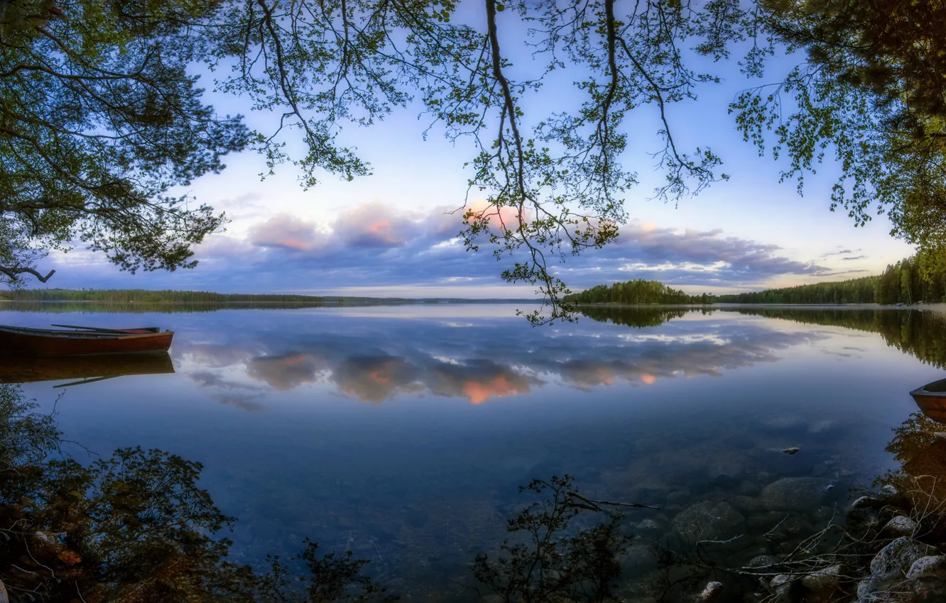 Photo wallpaper trees, lake, reflection, boats, Finland, Finland, Lake Cariari, Kouvola