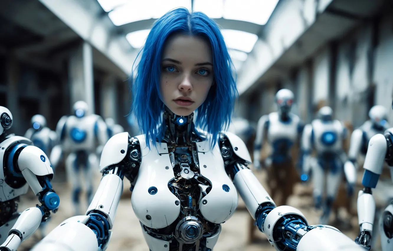 Photo wallpaper girl, fiction, robot, cyborg, blue hair