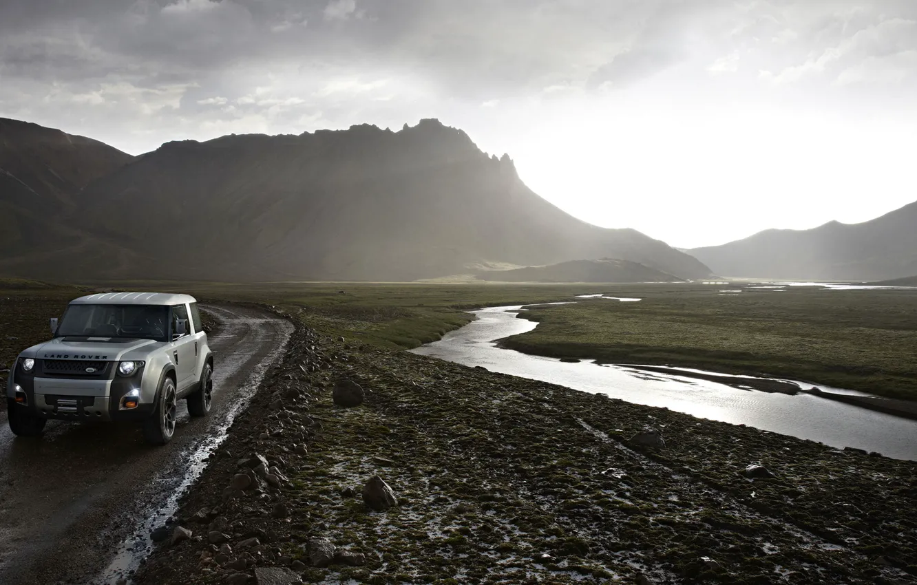 Photo wallpaper road, landscape, mountains, stream, Land Rover, DC100