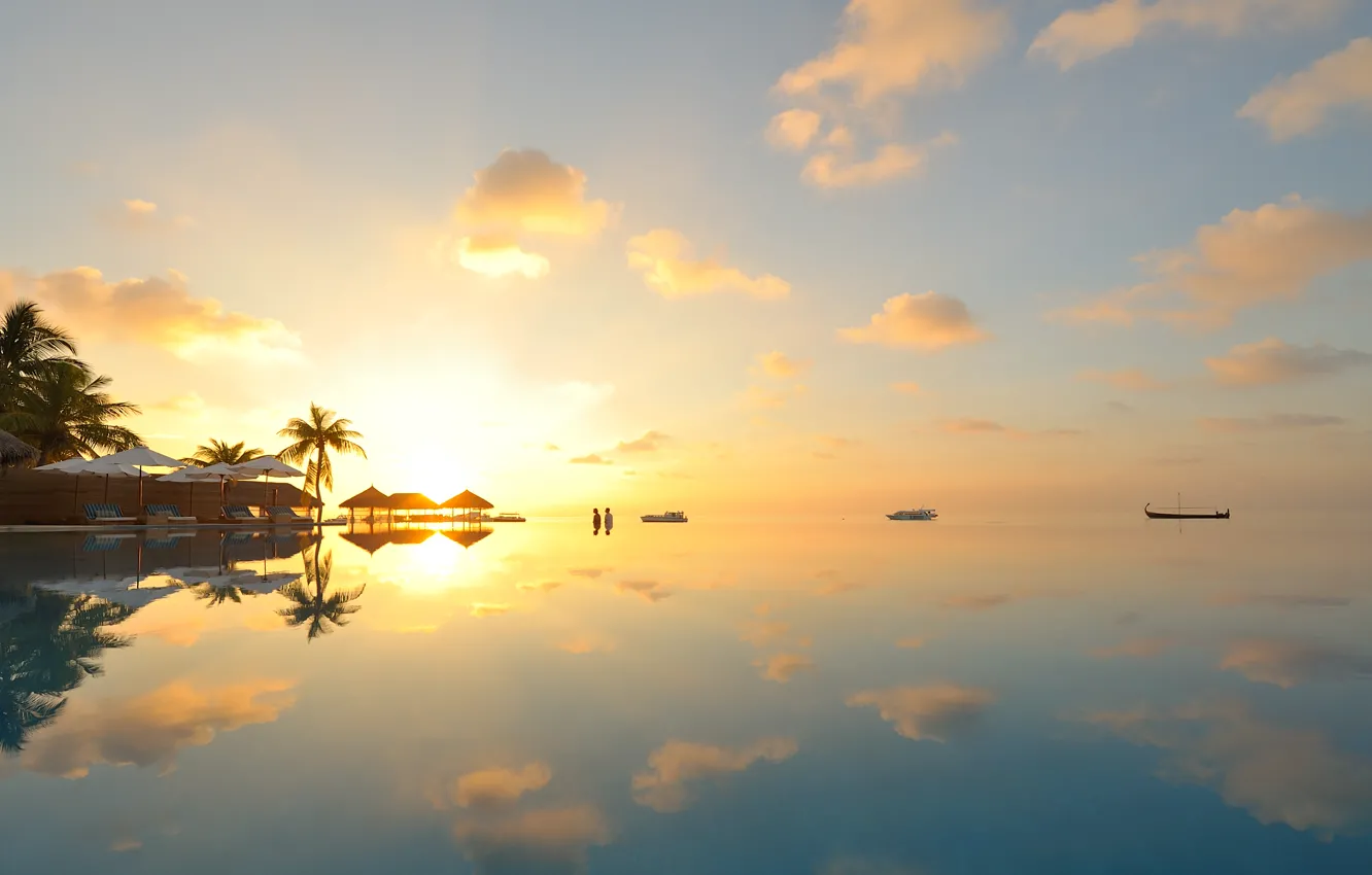 Photo wallpaper clouds, sunset, boat, horizon, The Maldives