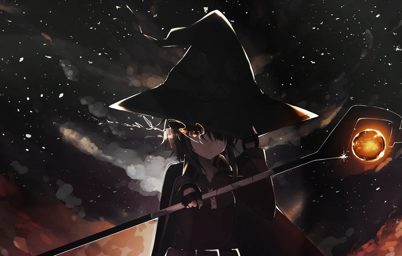 Photo wallpaper the sky, night, magic, girl, staff, spell, cloak, witch hat