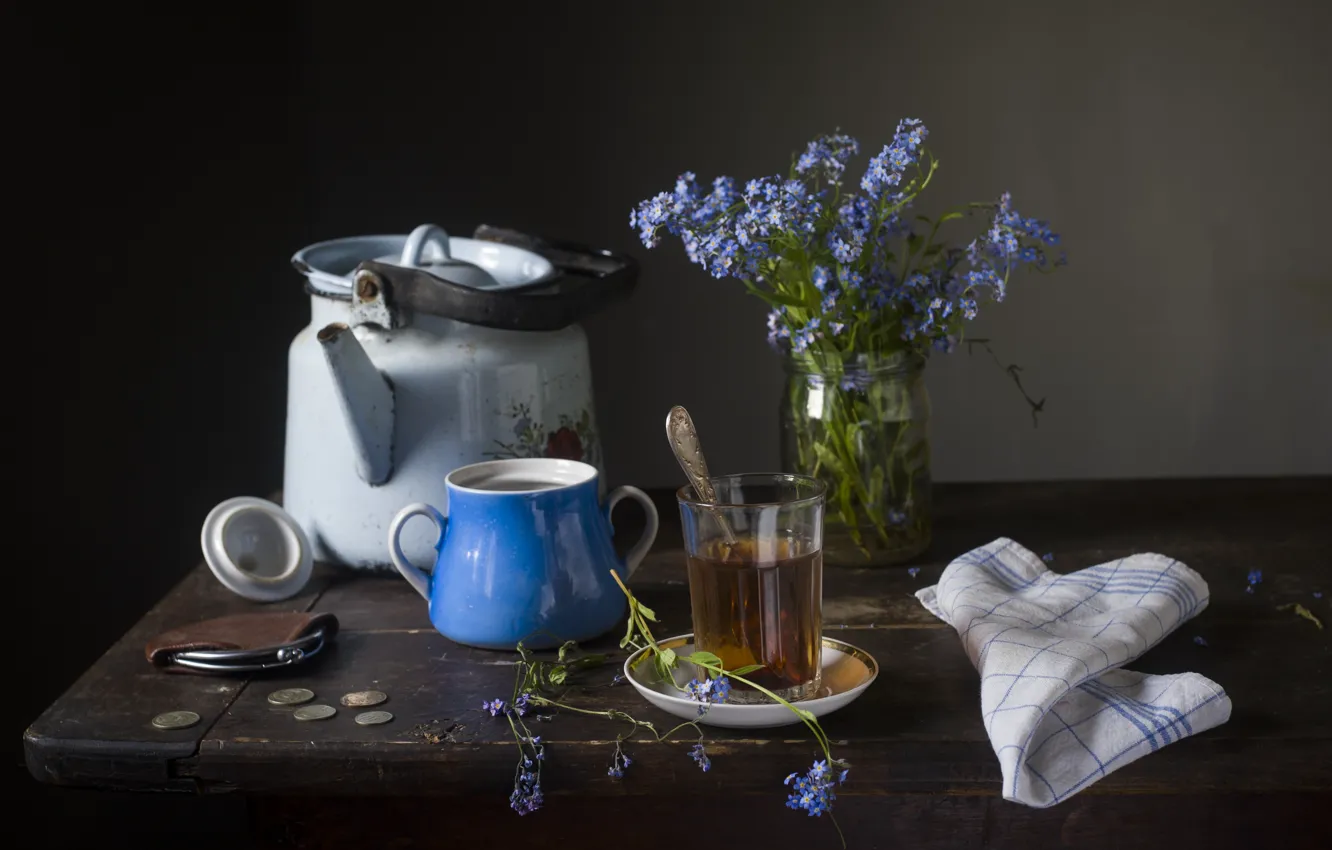 Photo wallpaper glass, table, blue, tea, kettle, spoon, Bank, coins