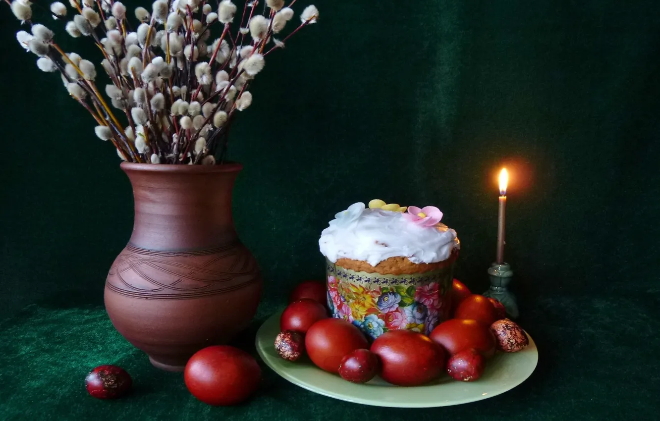 Photo wallpaper fire, candle, eggs, plate, Easter, vase, cake, Verba