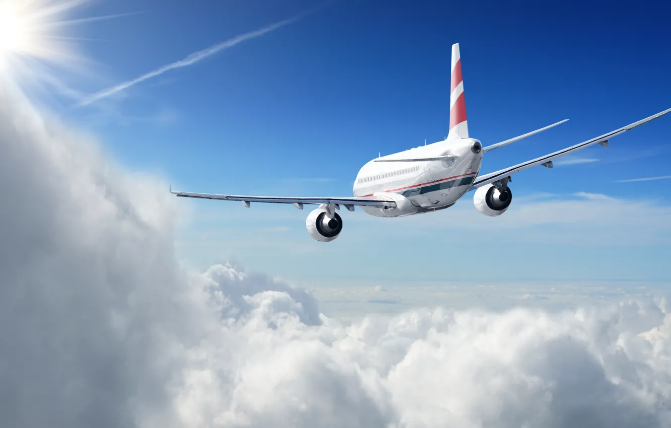 Photo wallpaper the sun, clouds, flight, height, the plane, in the sky, passenger
