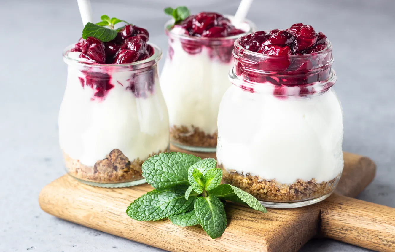 Photo wallpaper cherry, Breakfast, jars, mint, yogurt, granola