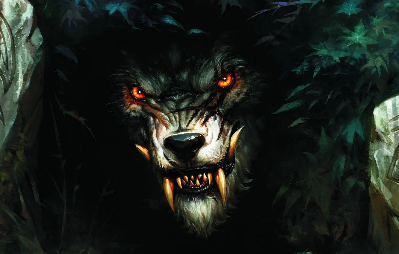 Photo wallpaper wolf, teeth, werewolf, the bushes