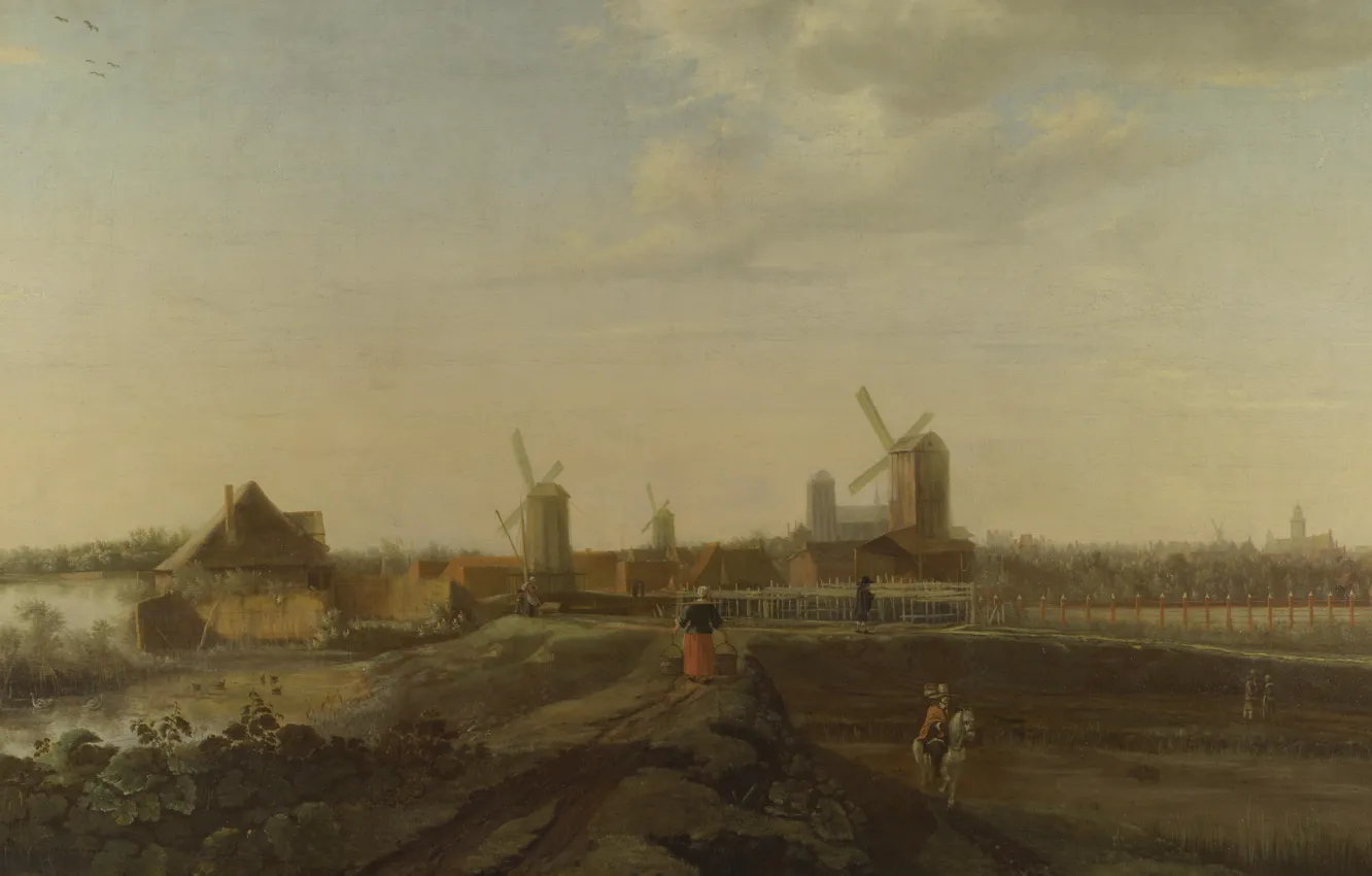 Photo wallpaper windmill, Willem van Drielenburgh, Landscape with a view on Dordrecht, krtina