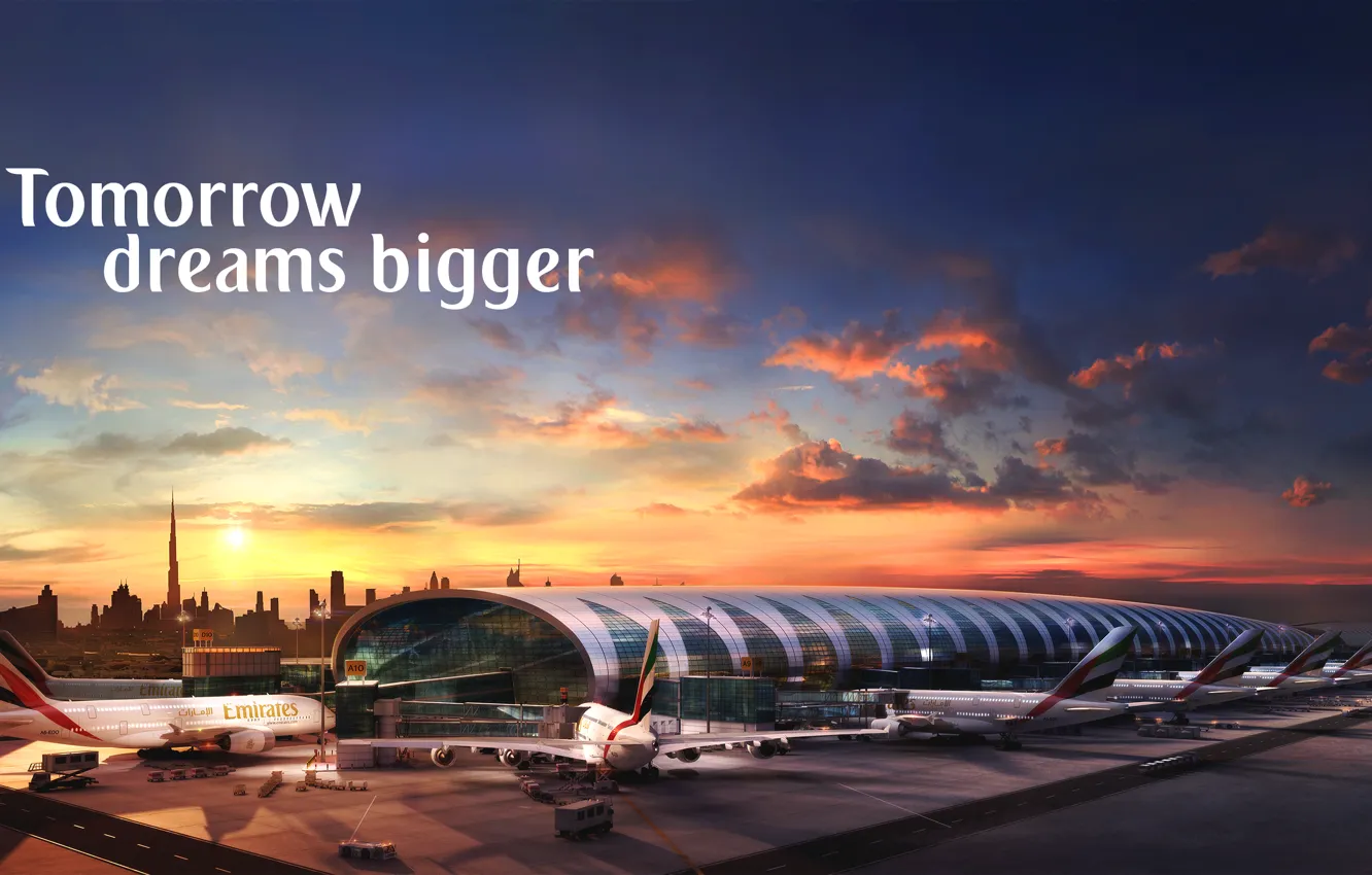 Photo wallpaper Sunset, The sun, The sky, Clouds, The plane, Airport, The building, Dubai