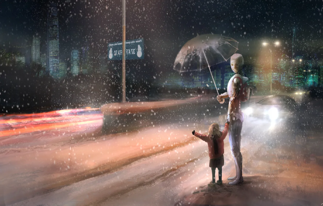 Photo wallpaper road, machine, snow, the city, lights, sign, robot, home