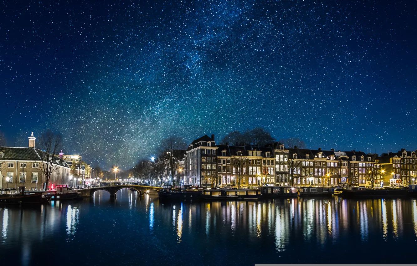 Photo wallpaper space, stars, bridge, lights, reflection, people, home, mirror
