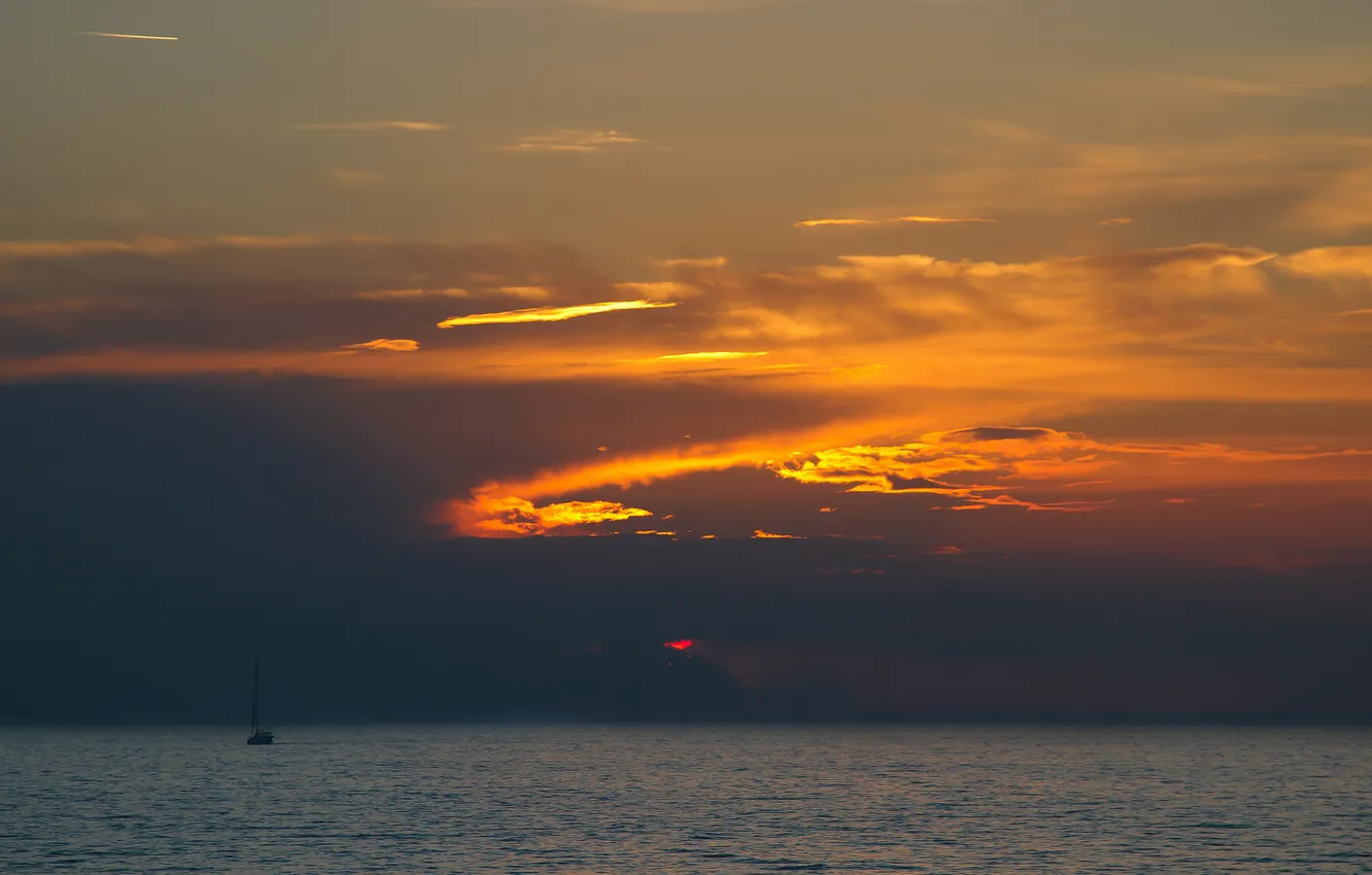 Photo wallpaper sea, the sky, sunset, surface, boat