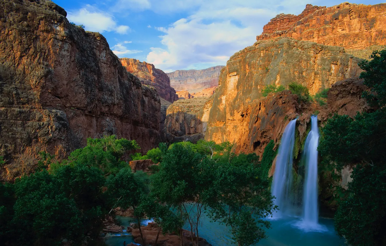 Photo wallpaper the sky, trees, landscape, mountains, river, waterfall, stream, canyon