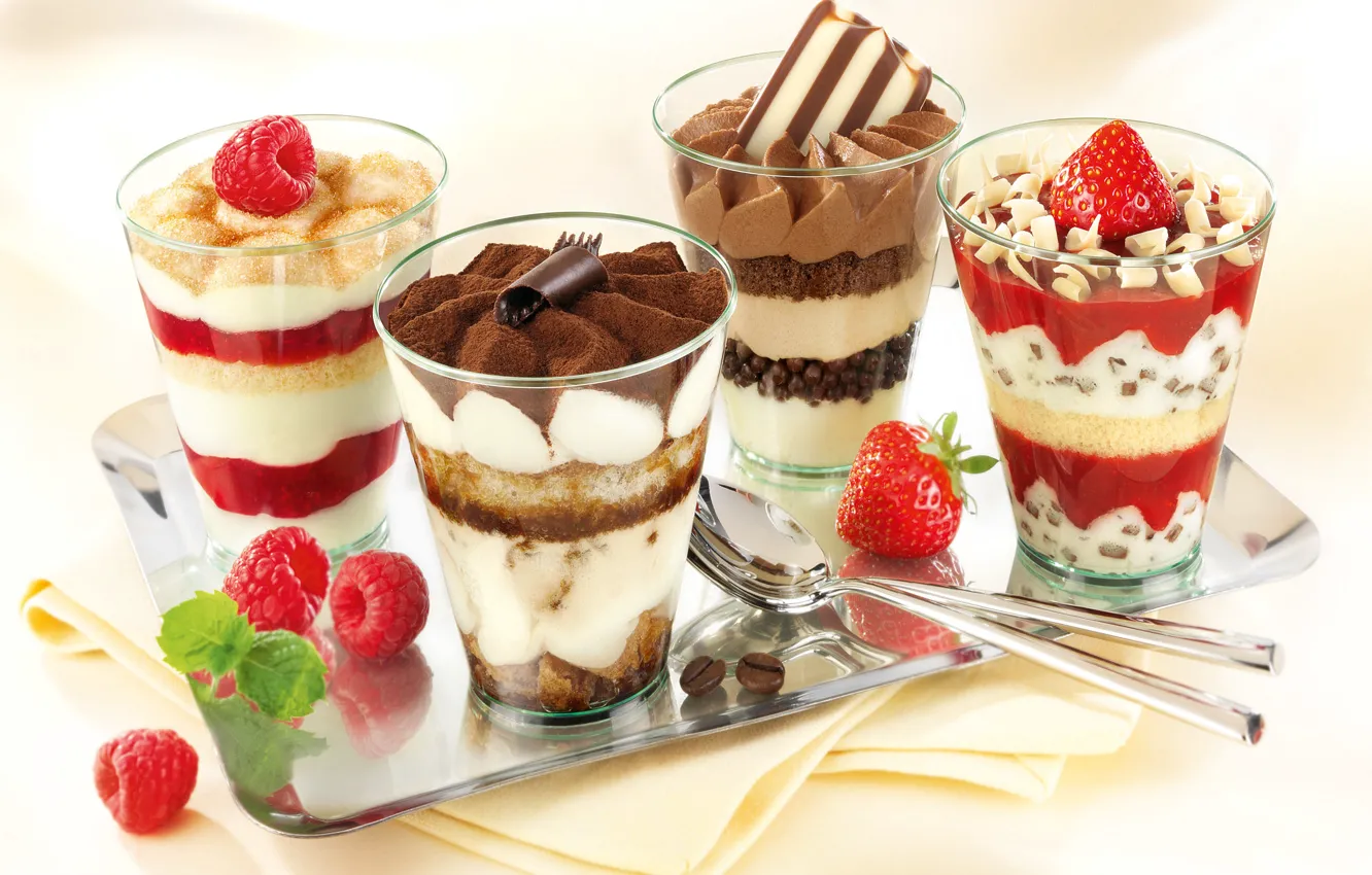Photo wallpaper raspberry, coffee, food, cream, strawberry, glasses, dessert, jam