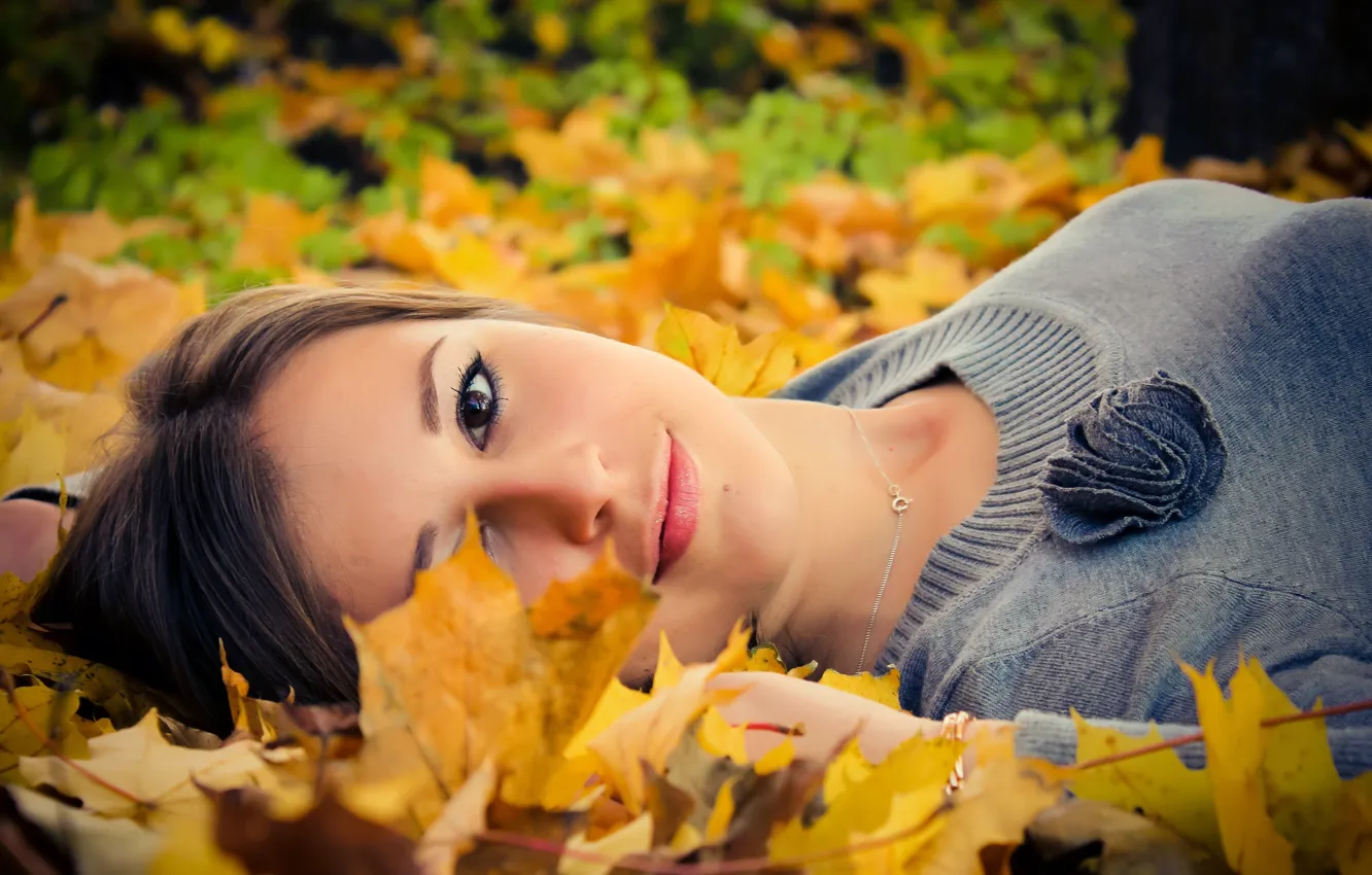 Photo wallpaper autumn, look, leaves, girl, pose