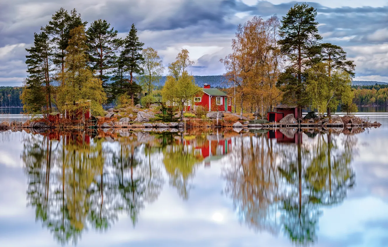 Photo wallpaper lake, house, reflection, Sweden
