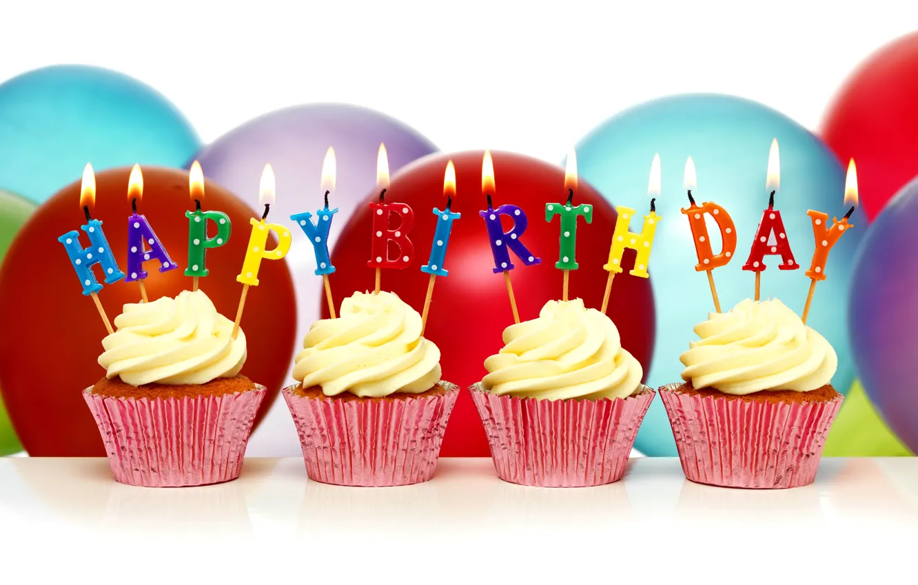 Photo wallpaper birthday, balls, candles, Happy Birthday, cupcake, cupcakes