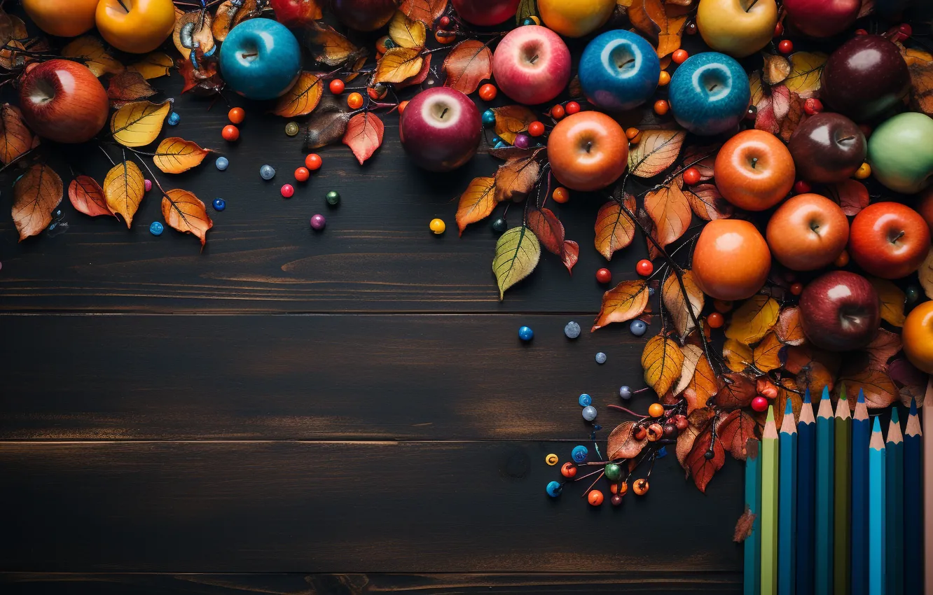 Photo wallpaper autumn, leaves, balls, orange, branches, blue, red, the dark background