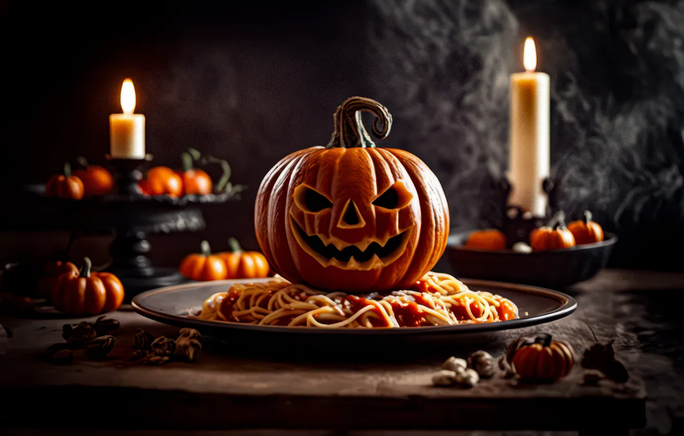 Photo wallpaper autumn, the dark background, table, smoke, candles, plate, pumpkin, Halloween