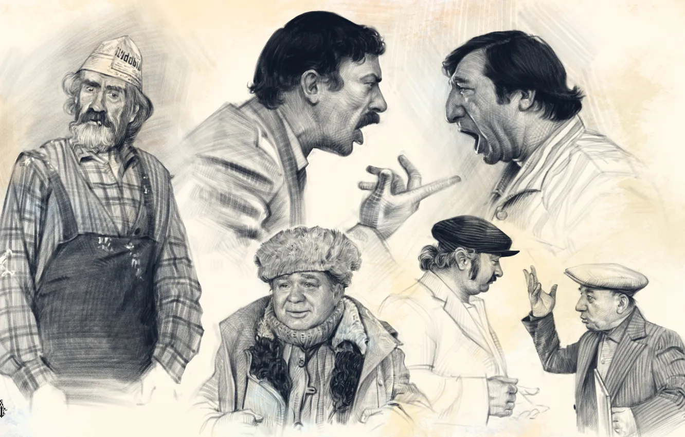 Photo wallpaper figure, pencils, black and white, male, 1977, Yevgeny Leonov, Frunzik Mkrtchyan, Vakhtang Kikabidze