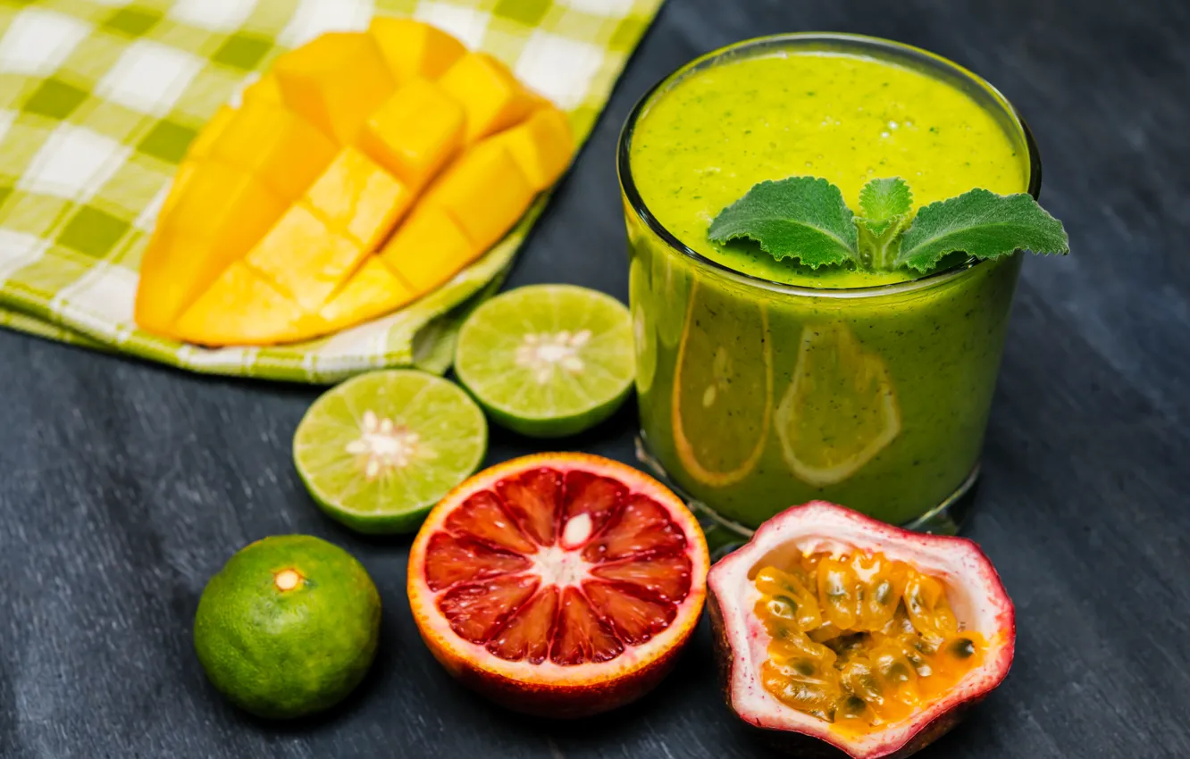 Photo wallpaper glass, lime, drink, fruit, mango, grapefruit, fresh, tropical