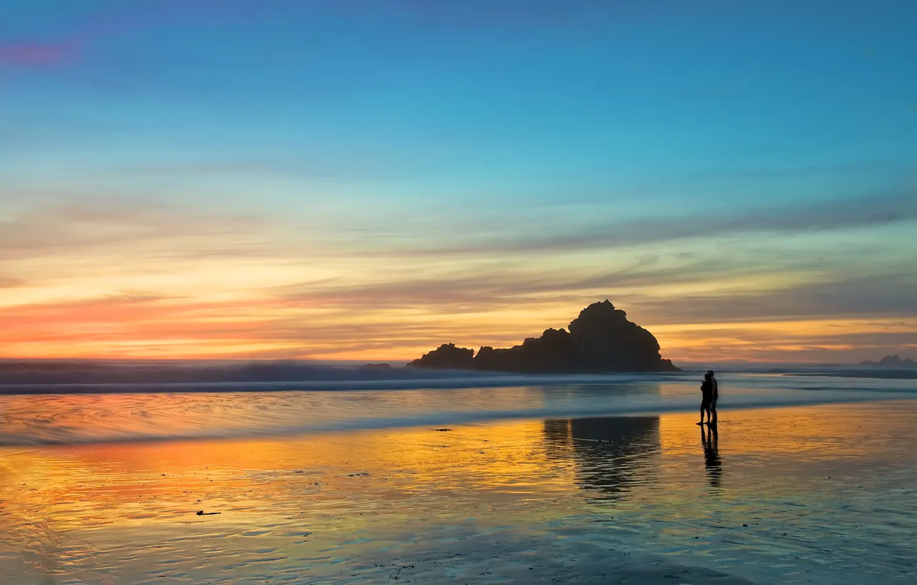 Photo wallpaper sea, beach, love, sunset, romance, the evening, pair, walk