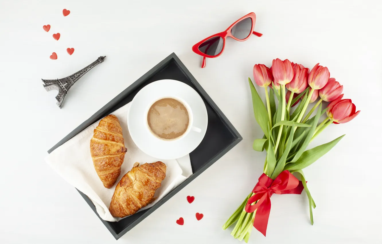 Photo wallpaper coffee, bouquet, morning, croissants