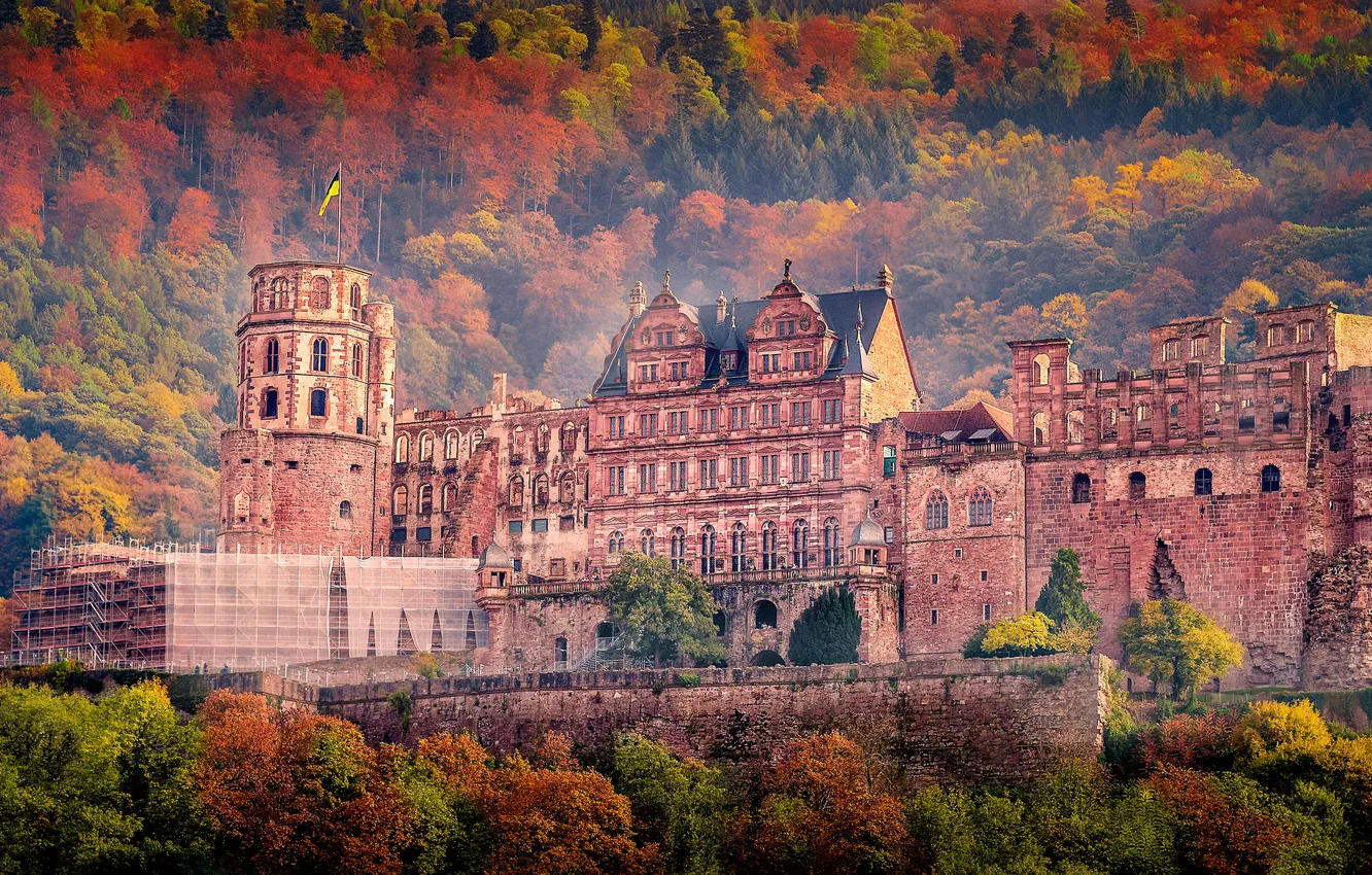 Photo wallpaper autumn, forest, trees, mountains, castle, Windows, Germany, slope