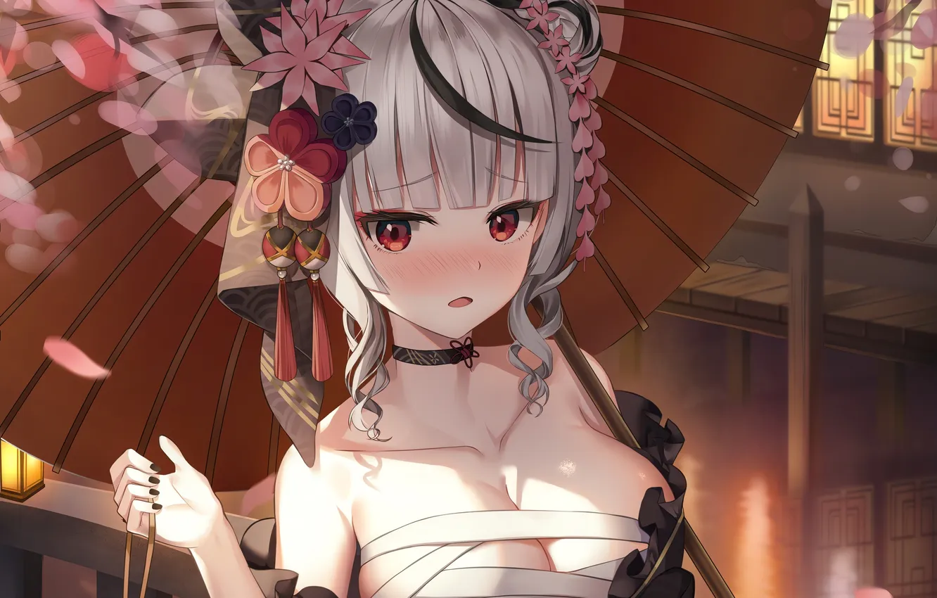 Photo wallpaper girl, sexy, cleavage, long hair, dress, boobs, umbrella, anime