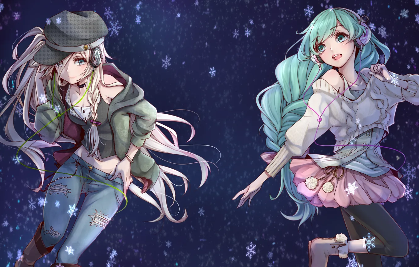 Photo wallpaper snowflakes, girls, headphones, art, cap, vocaloid, hatsune miku, Vocaloid