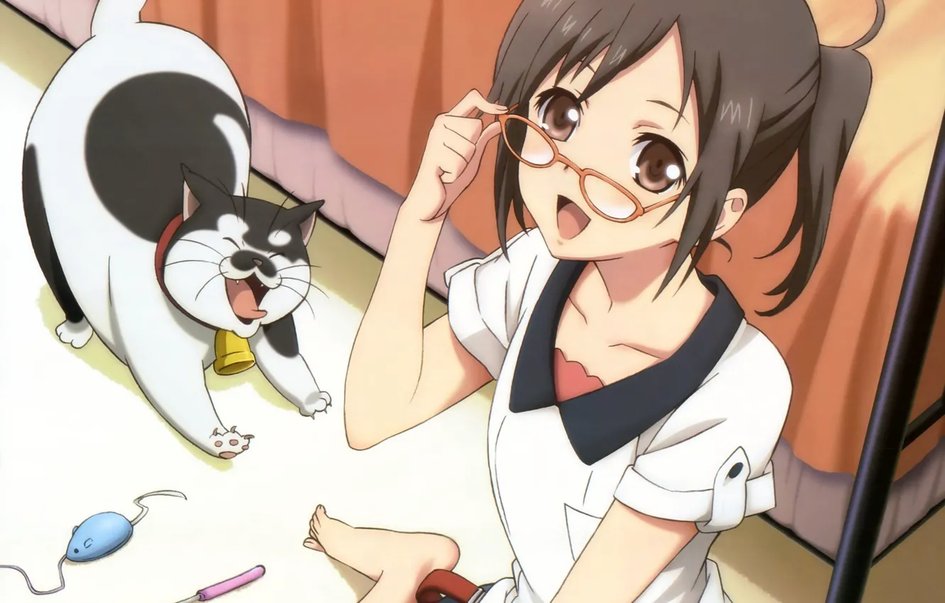 Photo wallpaper cat, smile, toys, bed, mouse, glasses, girl, sitting