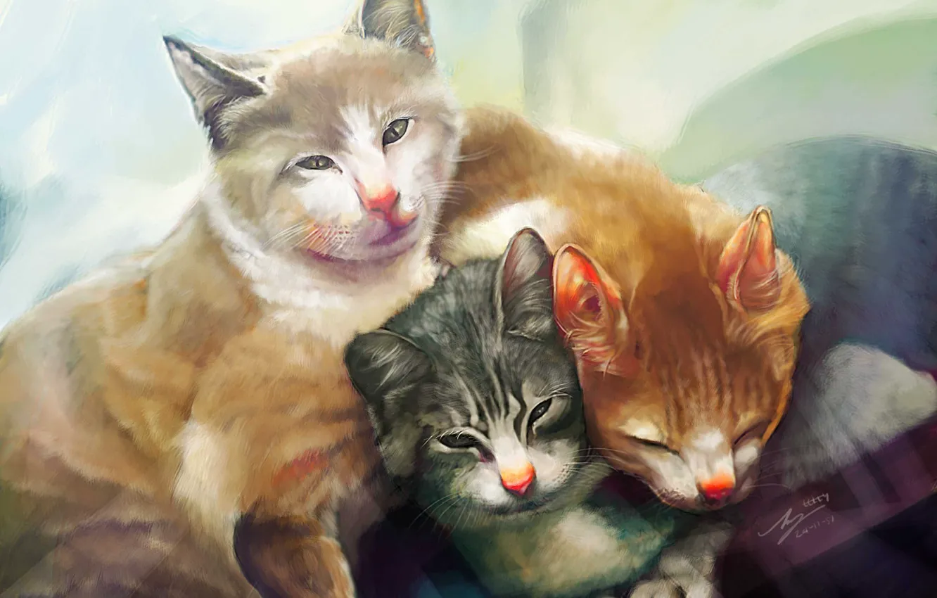 Photo wallpaper cats, art, three, painting, three, Kote