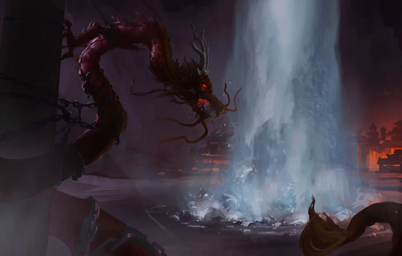 Photo wallpaper posts, dragon, art, chain, cave, the worm