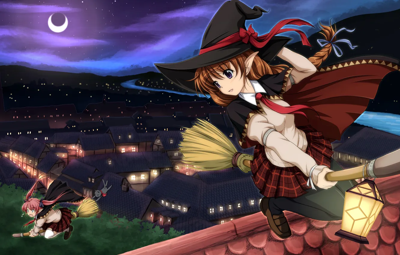 Photo wallpaper cat, girl, stars, night, a month, hat, witch, broom