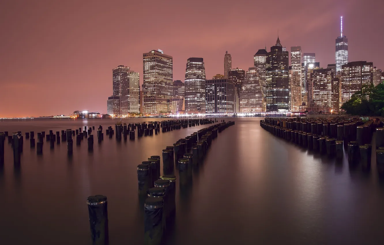 Photo wallpaper night, the city, lights, river, New York, piles