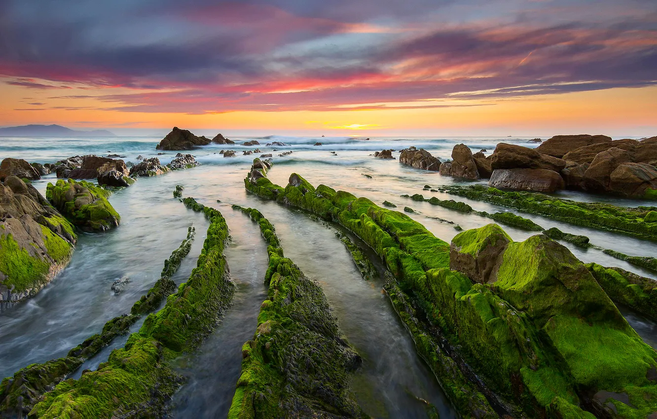 Photo wallpaper autumn, beach, the sky, clouds, stones, rocks, excerpt, Spain