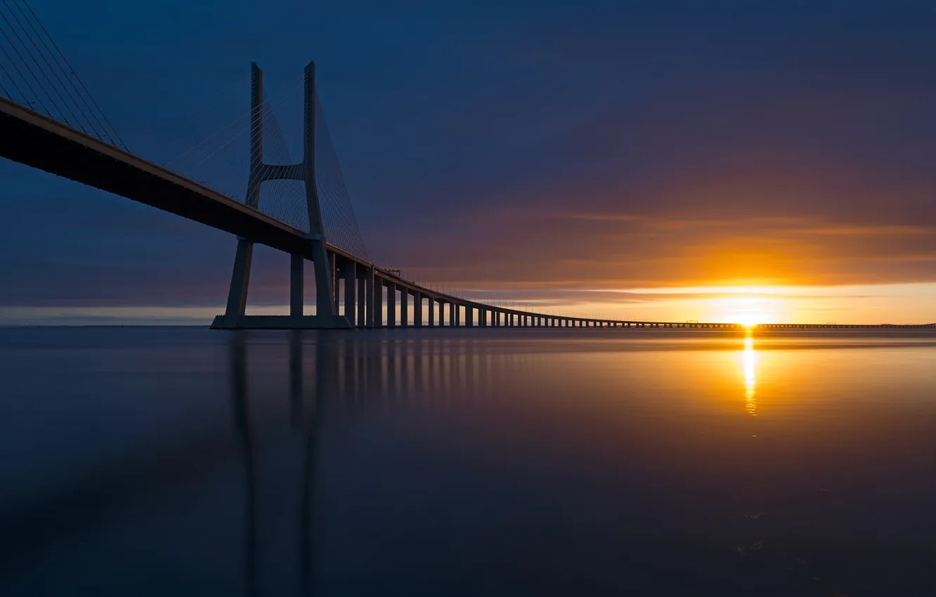 Photo wallpaper sea, bridge, dawn, horizon, Portugal