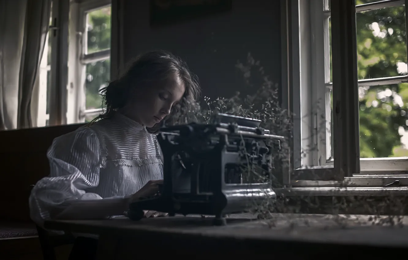 Photo wallpaper girl, window, typewriter