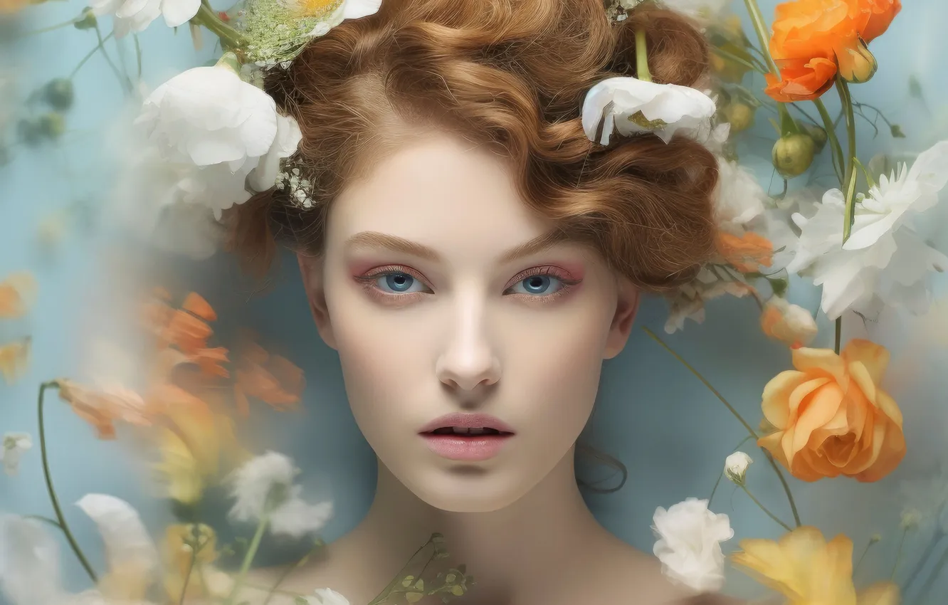 Photo wallpaper girl, flowers, red, digital art, AI art, The Art of Artificial Intelligence, neural network