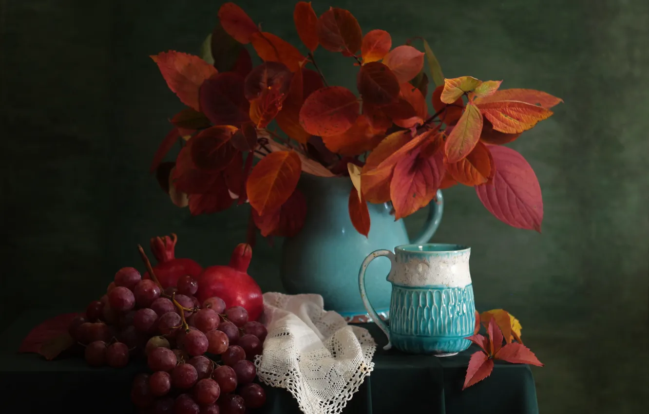 Photo wallpaper table, food, bouquet, grapes, mug, pitcher, fruit, still life